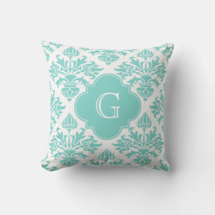 Lg Aqua Floral Damast #3 Aqua Vierpass Monogramm Kissen