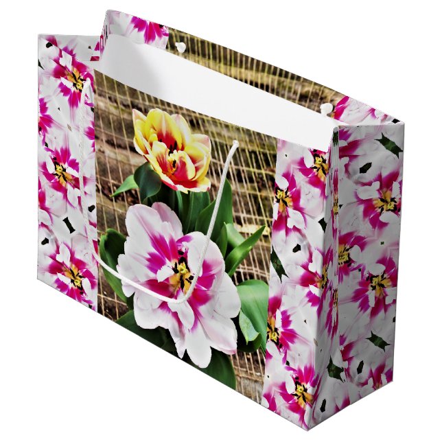 Lg Giftbeutel Pink/Gelbe Tulpen Große Geschenktüte (Vorderseite Schrägansicht)