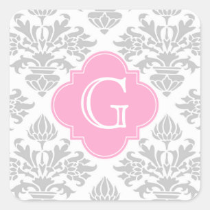 Lg Grau Weiß Florales Damast #3 Rosa Monogramm Eti Quadratischer Aufkleber