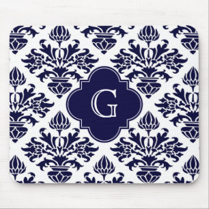 Lg Navy Blu Wht Damask #3 Navy Vierblatt-Monogramm Mousepad