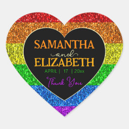 LGBT Fahne Regenbogen Glitzern Hochzeit Danke Herz-Aufkleber