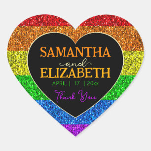 LGBT Fahne Regenbogen Glitzern Hochzeit Danke Herz-Aufkleber