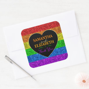 LGBT Fahne Regenbogen Glitzern Hochzeit Danke Quadratischer Aufkleber