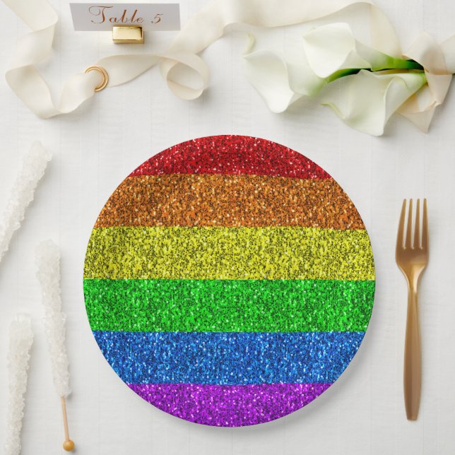 LGBT-Fahne Regenbogen-Glitzern Pappteller (Hochzeit)