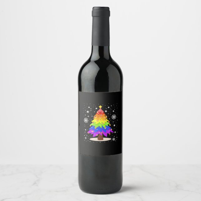 LGBT Flag Christmas Tree Merry Christmas Gay LGBT  Weinetikett (Vorderseite)