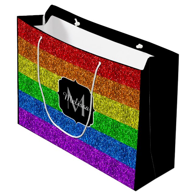 LGBT-Flagge lebhafter Regenbogen-Glitzer Funkeln M Große Geschenktüte (Vorderseite Schrägansicht)
