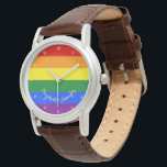 LGBT Gay Lesbian Pride Rainbow Flag Colors Wrist Armbanduhr<br><div class="desc">Schön, lebendig, LGBT Gay Pride Regenbogenfarben, farbenfrohe geometrische Streifen Muster, kundenspezifisch, personalisiert, mit Monogramm und stilvoll klassisch brauner Lederriemen, silberfarbene Legierung, Armbanduhr. Die Uhr zeigt Text in eleganten Imitaten goldtypografisches Skript. Geben Sie einfach Ihren Namen / Paare Namen / Hochzeitsdatum / Monogramm / Initialen, um Ihre Wünsche anzupassen. Es ist...</div>