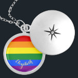 LGBT Gay Lesbian Pride Rainbow Flag Farben Silber Medaillon<br><div class="desc">Schöne, lebendige LGBT Gay Pride Regenbogenfarben, farbenfrohe geometrische Streifen Muster, individuell, personalisiert, mit Monogramm, stilvoll, UV-beständig und wasserdicht, sterling silber Finish Metall rund Charme Schließketten. Die Halskette enthält Text in eleganten Imitaten goldene Typografie-Skripte. Geben Sie einfach Ihren Namen / Paare Namen / Hochzeitsdatum / Monogramm / Initialen, um Ihre Wünsche...</div>