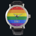 LGBT Gay Pride-Regenbogenfarben Gold Monogramm Armbanduhr<br><div class="desc">Schön, lebendig, LGBT Gay Pride Regenbogenfarben, farbenfrohe geometrische Streifen Muster, kundenspezifisch, personalisiert, mit Monogramm, Vintage Look schwarzen Lederband, Legierungskoffer, Armbanduhr. Die Uhr zeigt Text in eleganten Imitaten goldtypografisches Skript. Geben Sie einfach Ihre Monogramm / Initialen, um anzupassen. Es ist ein großartiges Geschenk für Geburtstag, Abschluss, Vatertag, Muttertag, Weihnachten, Feiertage, Hochzeit,...</div>