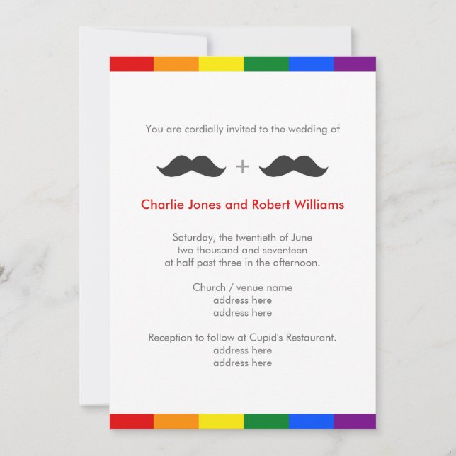 LGBT Gay Wedding Mustaches Rainbow Einladung (Vorderseite)
