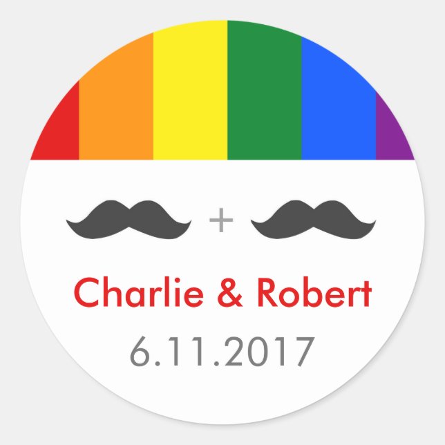 LGBT Gay Wedding Mustaches Rainbow Runder Aufkleber (Vorderseite)