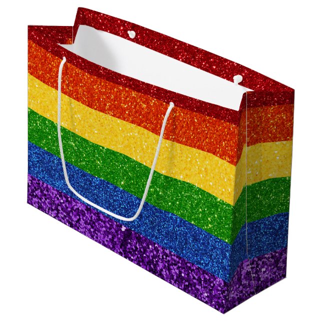 LGBT-Glitzer-Regenbogenfarben Große Geschenktüte (Vorderseite Schrägansicht)