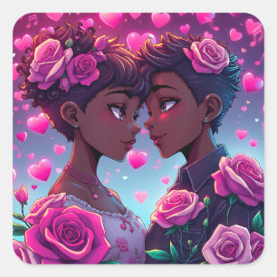 LGBT-Liebe   Afroamerikanisches Anime Couple Quadratischer Aufkleber