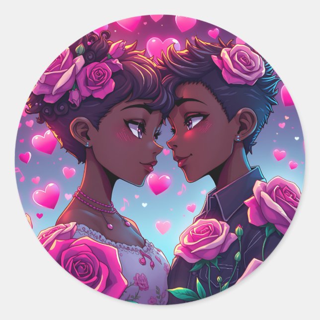 LGBT-Liebe | Afroamerikanisches Anime Couple Runder Aufkleber (Vorderseite)