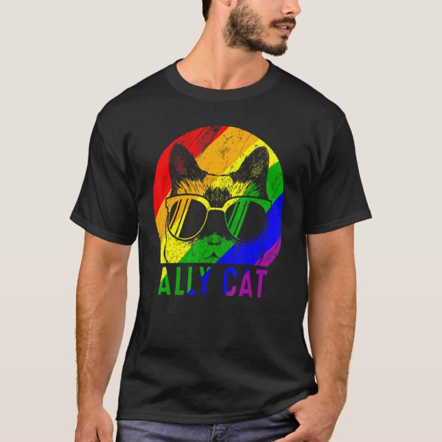 Lgbt Pride Ally Cat Rainbow Flag Gay Lesbian Supp T-Shirt (Vorderseite)