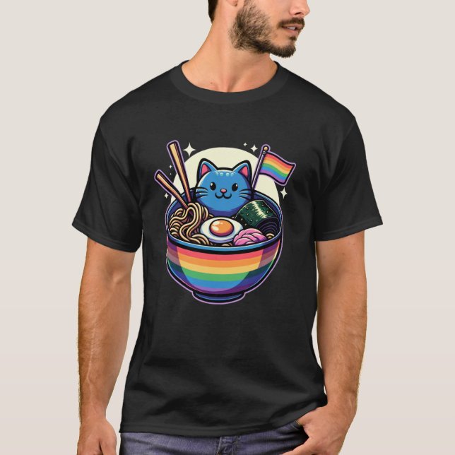 LGBT Regenbogenflagge Katzen Ramen Gay Pride Monat T-Shirt (Vorderseite)