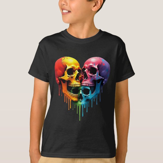 LGBT-Stolz Halloween-Horror-Skelett-Schädel-Regenb T-Shirt (Vorderseite)