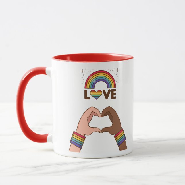 LGBT+Stolz. Liebe Regenbogen. Herz. Tasse (Links)