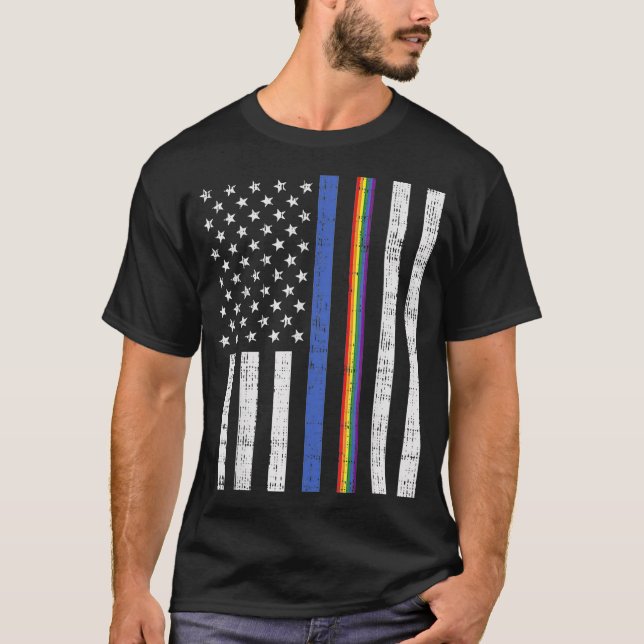 LGBT Thin Blue Line Rainbow American Flag Gay Poli T-Shirt (Vorderseite)