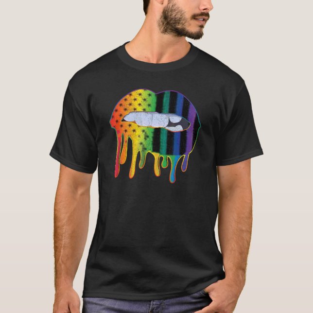 Lgbtq American Flag Muster Lips Rainbow Gay Pride T-Shirt (Vorderseite)