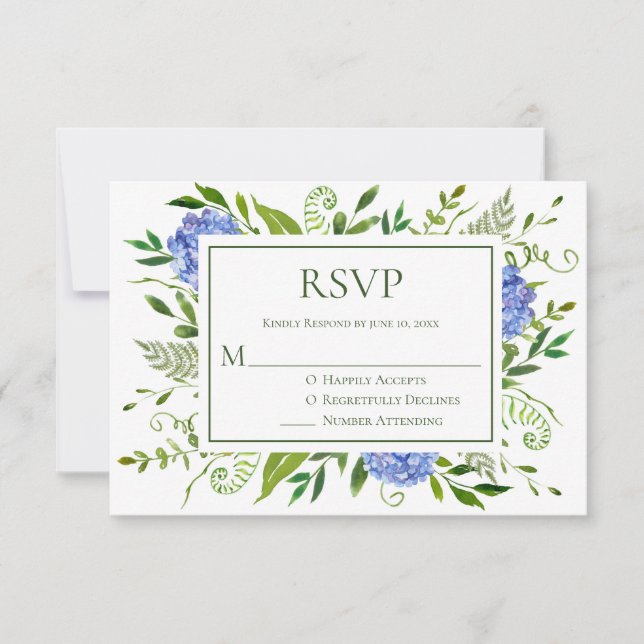 LGBTQ Blue Hydrangeas Floral Wedding RSVP Karte (Vorderseite)