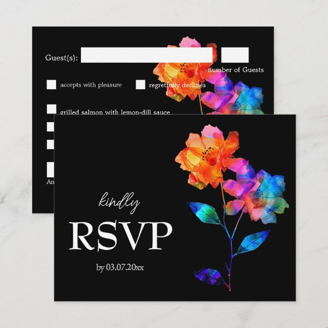 🌈 LGBTQ-Budget mit Menü  Petals & Pride  RSVP Karte (Vorne/Hinten)