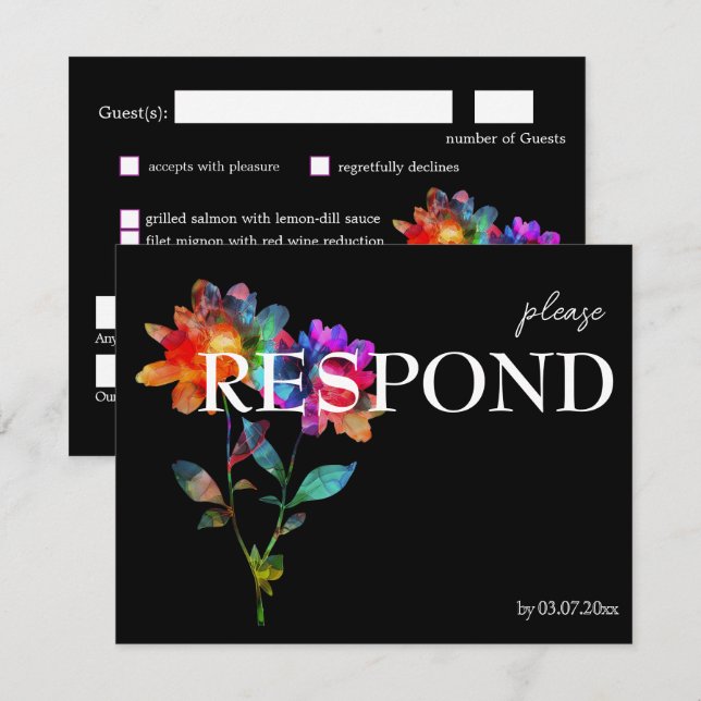 🌈 LGBTQ Budget with menu  Petals & Pride  RSVP Karte (Vorne/Hinten)