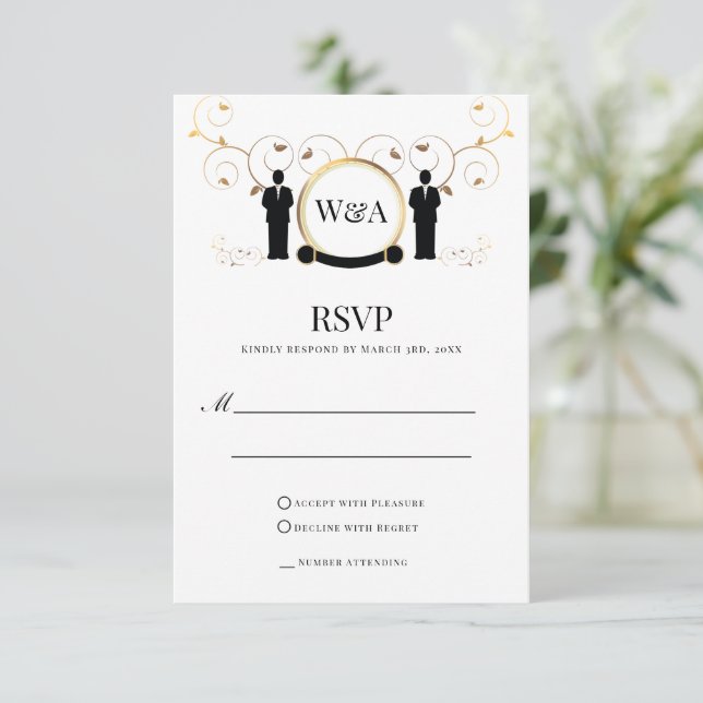 LGBTQ für Male Wedding Gold Monogram RSVP Karte (Stehend Vorderseite)
