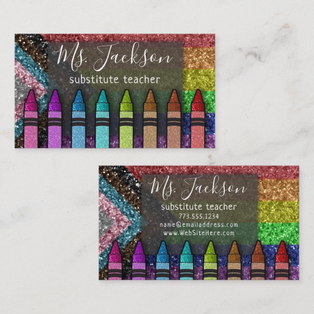 LGBTQ Glitzer Lehrer Name Rainbow Crayons Visitenkarte (Vorne/Hinten)