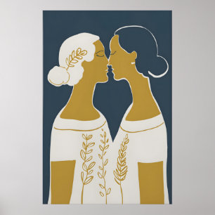 LGBTQ Line Art Druck Zwei Frauen küssend, Minimali Poster