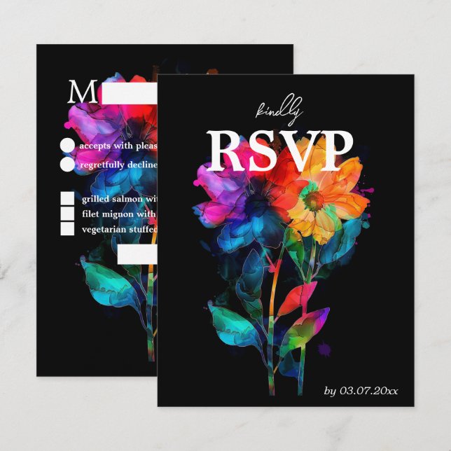 🌈 LGBTQ Mit Menü und QR-Code Petals & Pride  RSVP Karte (Vorne/Hinten)