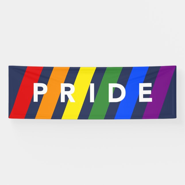 LGBTQ PRIDE Diagonal Rainbow Stripes on Navy Blue Banner (Horizontal)