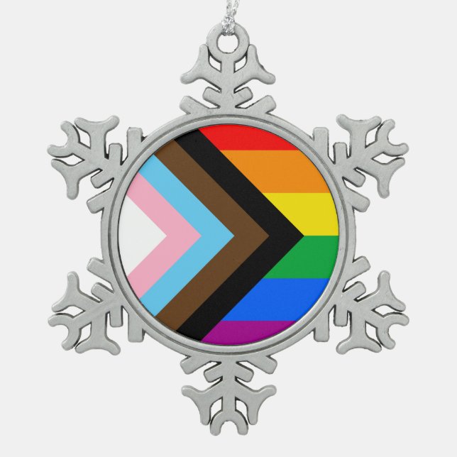 LGBTQ+ Progress Pride Schneeflocken Zinn-Ornament (Vorderseite)