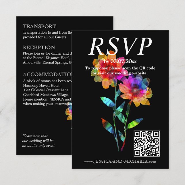 🌈 LGBTQ  QR RSVP +Wedding Details Petals & Pride  Begleitkarte (Vorne/Hinten)