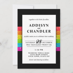 LGBTQ Rainbow Black Chic Modern Wedding Glitzer Einladung