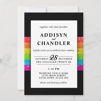 LGBTQ Rainbow Black Chic Modern Wedding Glitzer Einladung