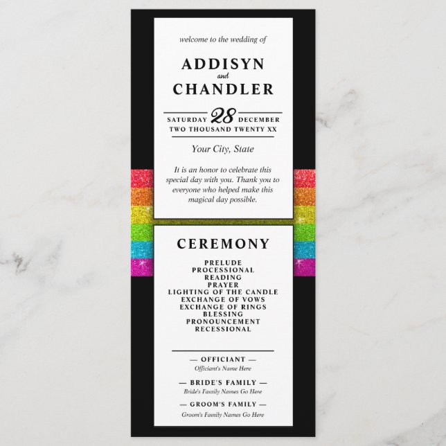 LGBTQ Rainbow Black Chic Modern Wedding Glitzer Programm (Vorderseite)