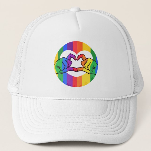 LGBTQ Rainbow Liebe Herzhandschuhe Truckerkappe (Vorderseite)