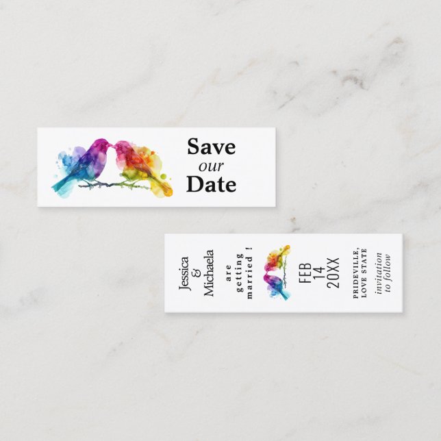 LGBTQ+ Save the Date 🌈 Budget Rainbow Lovebirds Telefonnummerkarte (Vorne/Hinten)
