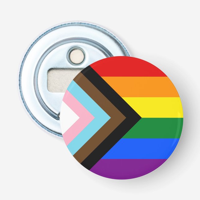 LGBTQ & Stolz - Regenbogen-Fortschrittsflagge Flaschenöffner (Vorderseite)