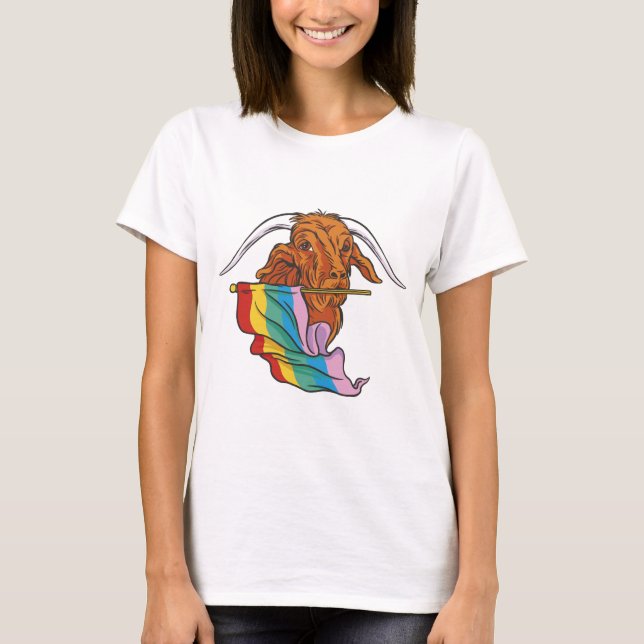LGBTQ-Stolzziege mit T - Shirt der Regenbogenflagg (Vorderseite)