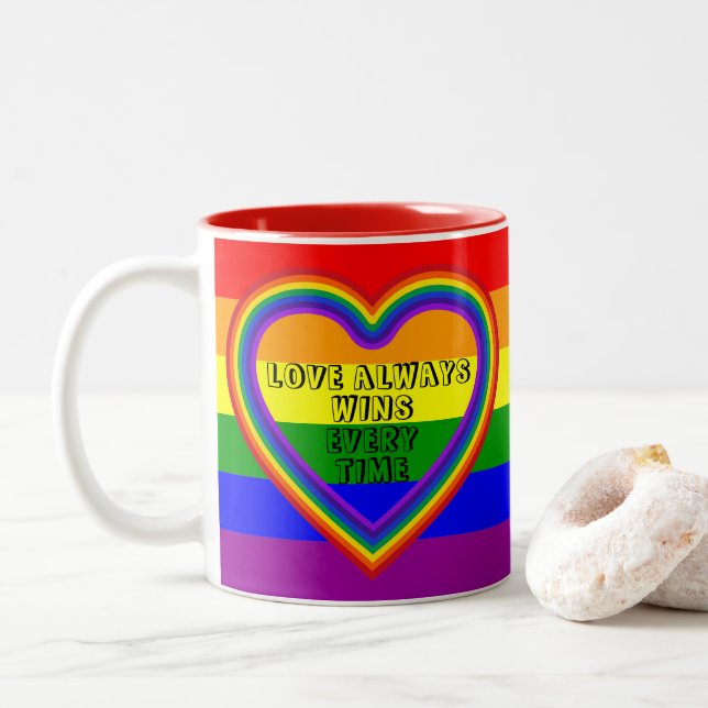 LGBTQAI-Gay Pride-Flag mit Text und Foto Zweifarbige Tasse (Mit Donut)