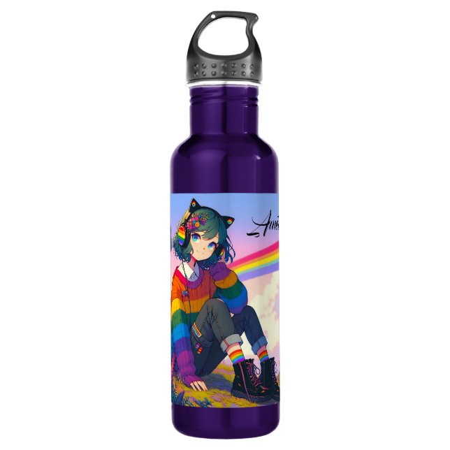 LGBTQIA+ Anime-Girl Lesbischer Prix Personalisiert Edelstahlflasche (Vorderseite)