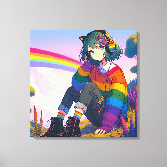 LGBTQIA+ Anime-Girl Lesbischer Stolz Leinwanddruck (Vorderseite)