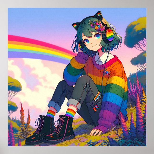 LGBTQIA+ Anime-Girl Lesbischer Stolz Poster (Vorne)