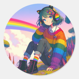 LGBTQIA+ Anime-Girl Lesbischer Stolz Runder Aufkleber