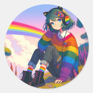 LGBTQIA+ Anime-Girl Lesbischer Stolz Runder Aufkleber