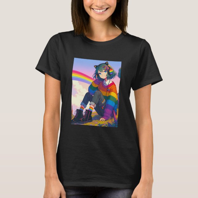 LGBTQIA+ Anime-Girl Lesbischer Stolz T-Shirt (Vorderseite)