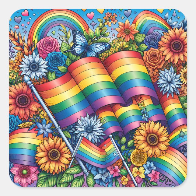LGBTQIA+-Fahnen, Regenbögen, Blume Quadratischer Aufkleber (Vorderseite)