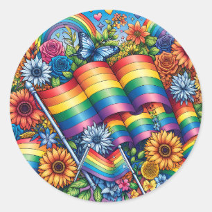 LGBTQIA+-Fahnen, Regenbögen, Blume Runder Aufkleber